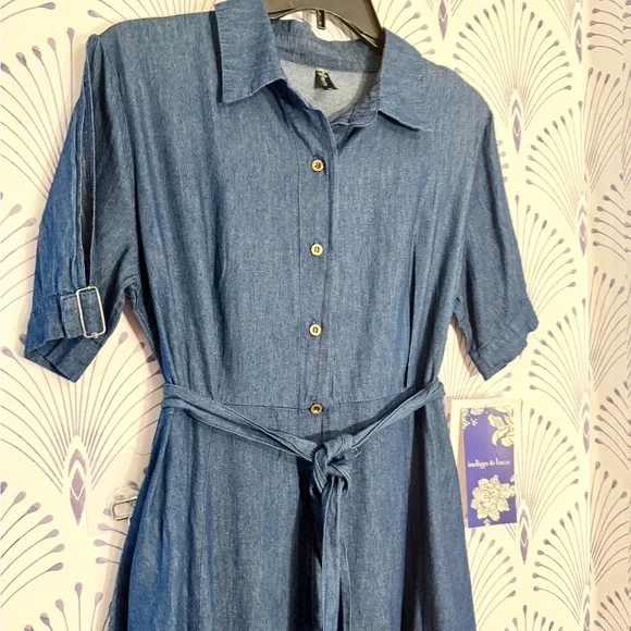 Indigo & Lace  Blue Denim Midi Dress with Belt Womens size medium Macy’s - Picture 6 of 7